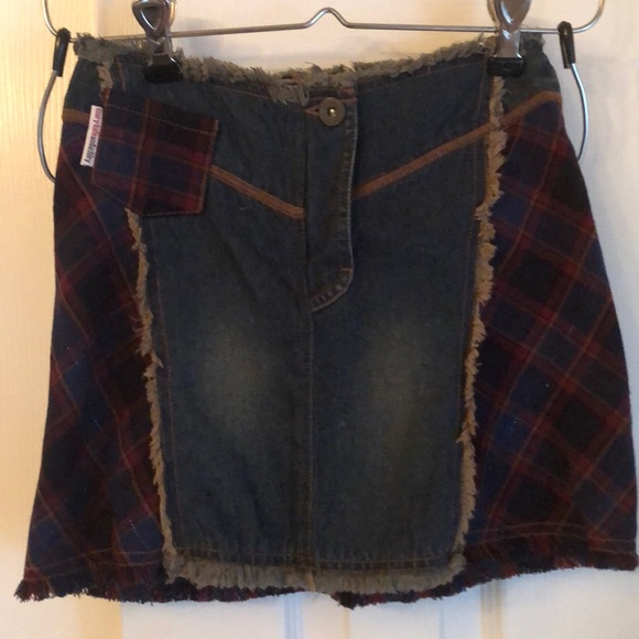 Vintage Mary Kate & Ashley Unique Denim & Plaid metallic blue thread skirt - Picture 1 of 11